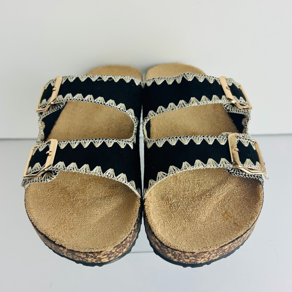 NWT Niki Slip On Sandals Women's 5/6 Black Double Strap Gold Buckles Embroidered